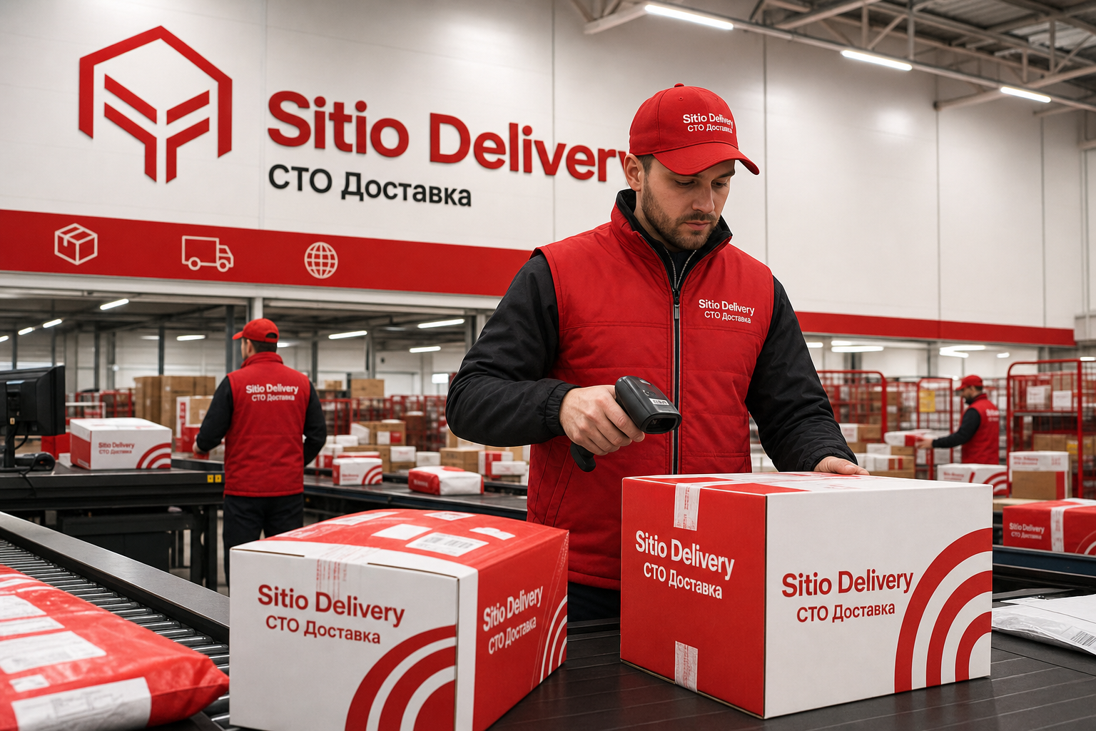 Сортировка брендированных посылок Sitio Delivery на складе